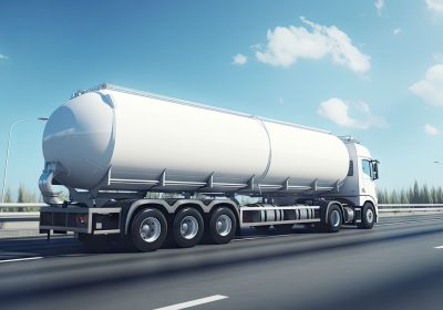 White big modern tanker shipment cargo commercial semi trailer truck moving fast on motorway road city urban suburb. Business distribution logistics service. Lorry driving highway sunny day.